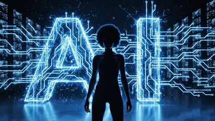 Silhouette of a Woman Standing in Front of Giant Glowing Blue AI Circuit Board Letters artificial intelligence. - Powered by Adobe
