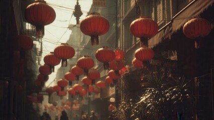 Vibrant Red Lanterns Adorn Dimly Lit Street Alley during Traditional Chinese Festival Celebration at Dusk