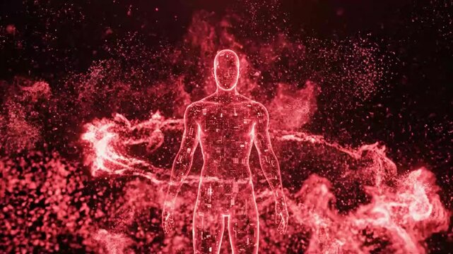 Red Energy Humanoid Silhouette Surrounded by Exploding Particles and Light Streaks glowing.
