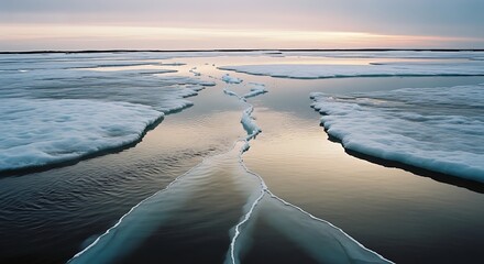 Serene arctic landscape with cracking ice at dawn.