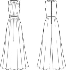 Vector Technical Drawing of Women's Sleeveless High-Waist Maxi Dress with Gathered Neck, Slim Waistband, and Long Full Skirt Apparel Template