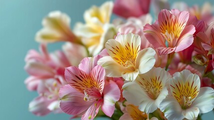 Obraz premium Commercial botanical cluster of alstroemeria in soft pastel tones for promotional floristry, cosmetics, feminine lifestyle, and wellness branding. Clean floral macro image supporting greeting, wedding