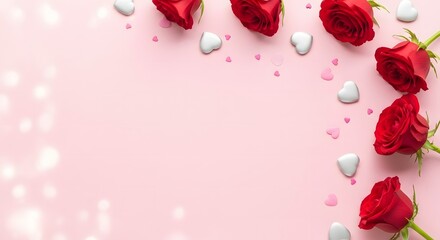 Romantic pink background with red roses and white heart shaped candy