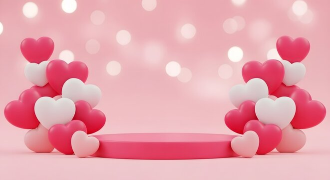 Romantic pink podium with heart balloons for valentine s day product display - Powered by Adobe