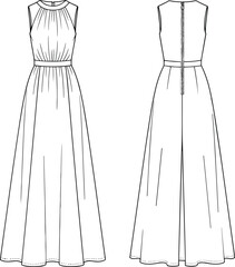 Technical Flat Sketch of Elegant Sleeveless Maxi Dress, High Neckline, Gathered Bodice, Waistband, and Full Skirt Apparel Vector Illustration