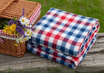 Wicker picnic basket with wildflowers and folded red, white, and blue checkered blankets on a wooden log, ready for a summer outing.