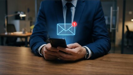 Businessman Receiving New Message Notification Icon on Smartphone: Digital Communication Concept.