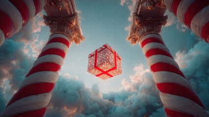 Surreal Image of Floating Geometric Cube Amidst Towering Columns and Dramatic Cloudscape Underneath Vibrant Sky