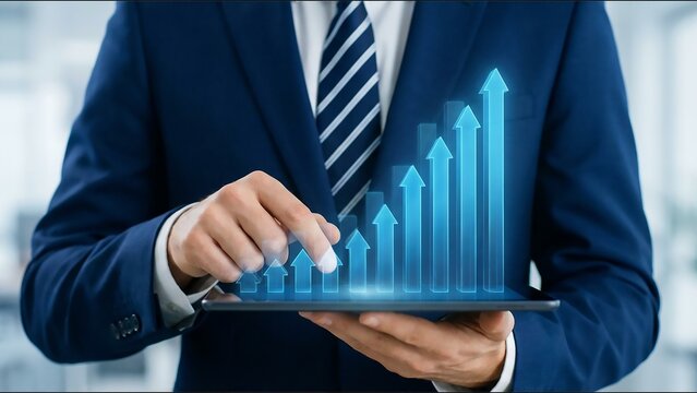 Businessman Holding Tablet with Holographic Rising Bar Chart Indicating Financial Growth and Success. - Powered by Adobe
