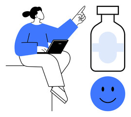 Healthcare concept. Healthcare worker pointing near medicine bottle and smile icon, wellness, treatment, and positivity. Healthcare for medical apps, telemedicine, research, awareness design