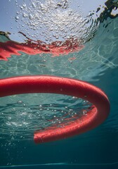 Underwater view of a vibrant red pool noodle floating in clear blue swimming pool water with rising air bubbles and sun reflections.