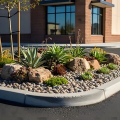 Drought-tolerant Garden Landscaping with Succulents, Agaves, and Decorative Rocks by a Modern Building