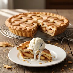 Homemade apple pie slice topped with melting vanilla ice cream on a white plate, with a whole pie in the blurred background on a rustic wooden table.