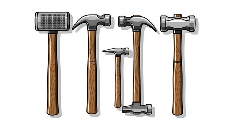 Collection of various hammers with wooden handles, different sizes and shapes.