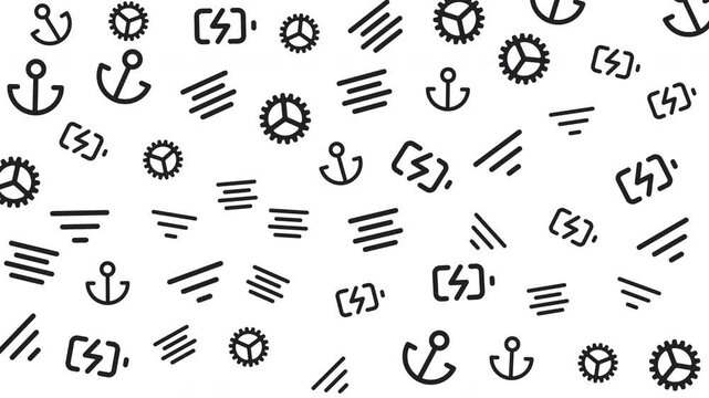 Seamless pattern of black anchor and nautical symbols on white background, graphic design, abstract marine icons, top view, minimal concept