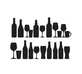 Collection of various empty bottles and glassware silhouettes, representing alcoholic beverages and drinks for celebration and dining