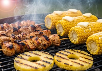 Grilled Chicken Skewers, Buttery Corn on the Cob, and Pineapple Slices Cooking on a Hot Barbecue with Smoke
