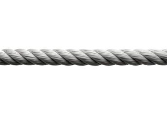 A thick white three-strand industrial nylon rope pulled taut, its twisted texture in sharp focus on a transparent background. Concept of strength and tension