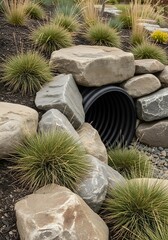 Garden Drainage Culvert Pipe Integrated into Naturalistic Landscape Design with Decorative Rocks and Ornamental Grasses for Aesthetic Outdoor Feature
