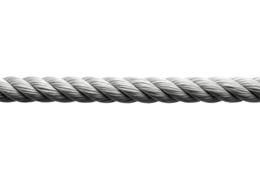 A thick white three-strand industrial nylon rope pulled taut, its twisted texture in sharp focus on a transparent background. Concept of strength and tension