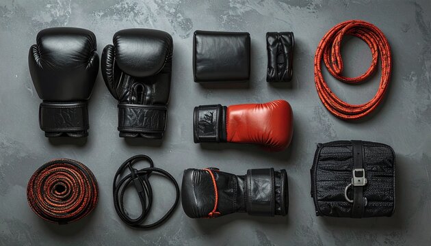 Flat lay display of essential boxing and combat sports training gear, including gloves, wraps, and jump rope, neatly organized and ready for a rigorous workout session - Powered by Adobe