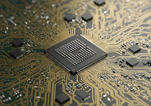 Close-up of a Central Processing Unit (CPU) on a green Printed Circuit Board (PCB) surrounded by golden circuit traces and electronic components, symbolizing advanced technology and computing.
