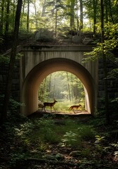 Sunlit Forest Tunnel with Deer and Fox Walking Through Archway