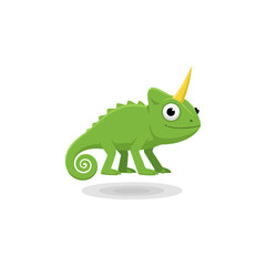 Cartoon Green Chameleon with a Yellow Unicorn Horn Illustration.