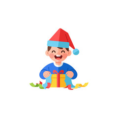 Excited Boy Opening Christmas Gift with Santa Hat.