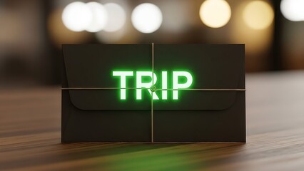 Glowing green 'trip' text on a black envelope tied with twine, travel concept