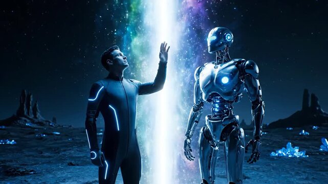 A man in a futuristic suit reaches towards a brilliant light as a robot watches. They stand on a blue, alien landscape