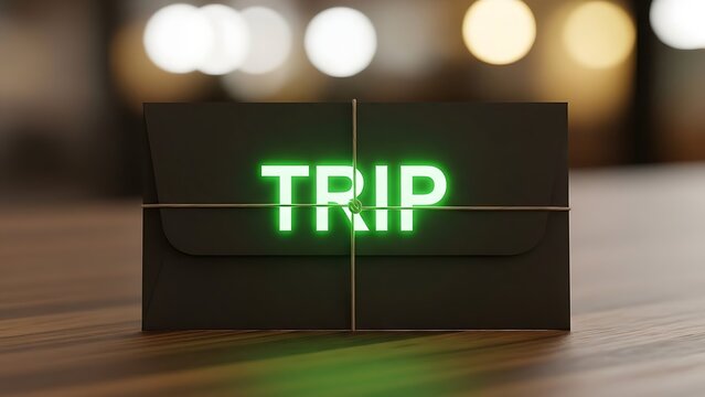 Glowing green 'trip' text on a black envelope tied with twine, travel concept