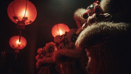 Vibrant Chinese Lion Dance Illuminated by Traditional Red Lanterns Celebrates Cultural Heritage and Spirit During Festive Night