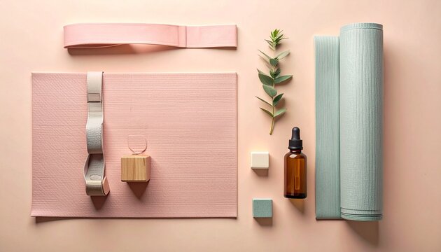 Minimalist flat lay of yoga equipment and self-care items like an essential oil bottle and plant sprig for a healthy lifestyle and wellness