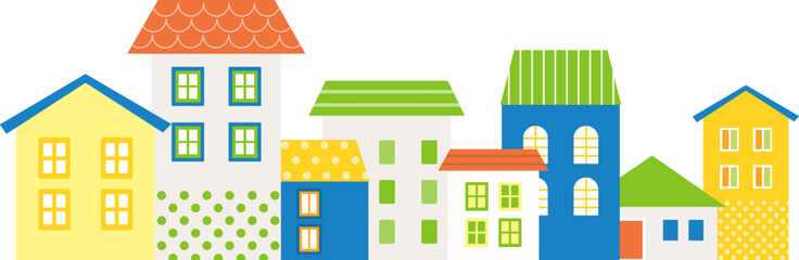 Colorful Flat Design Neighborhood Houses Banner, Cute Abstract Town Street Illustration