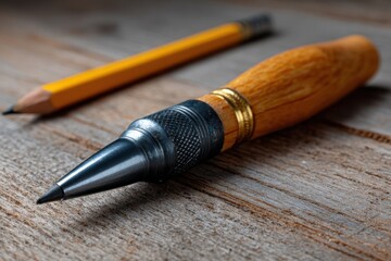 Vintage carpenter's marking tools including a wooden awl and a carpenter's pencil on a rustic wooden surface, showcasing craftsmanship and precision in woodworking