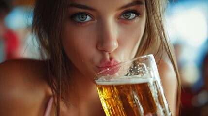 Seductive young woman celebrating Happy New Year 2026, playful, kissing a glass of beer in a bar