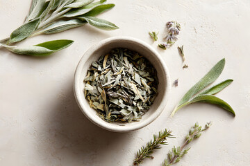Ceramic white bowl with dried sage on a light background, sage leaves and flowers