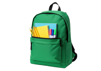 Apple-green student backpack standing upright, revealing sharpened pencils, blue and yellow notebooks, and neon markers in the open utility pocket against transparent background, concept of education
