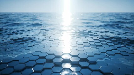 A serene sea with abstract hexagonal patterns on its surface, reflecting sunlight and forming waves - Powered by Adobe