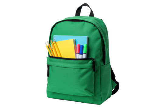 Apple-green student backpack standing upright, revealing sharpened pencils, blue and yellow notebooks, and neon markers in the open utility pocket against transparent background, concept of education