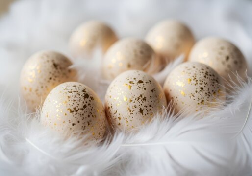 Delicate speckled eggs with gold leaf, soft beige and white, representing new beginnings and luxury against a feather background