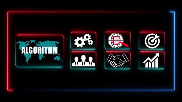 Glowing neon line banner of algorithm concept with icons of branding, advertising, devices, internet and target isolated on transparent background.	