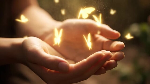 Glowing butterflies emanate from open hands, capturing a magical, ethereal scene. The artwork shows gentle caress