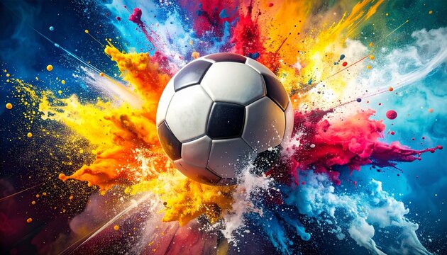 A powerful soccer ball erupting from a vibrant burst of multi-colored powder, symbolizing the intense energy and exhilarating impact of the beloved global sport