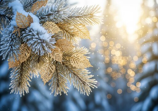 Magical snowy pine branch with golden leaves, shimmering gold and blue, winter holiday background with copy space