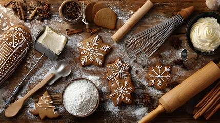 Christmas baking flat lay with gingerbread cookies, frosting tools, flour dust on warm wooden table, open copy space