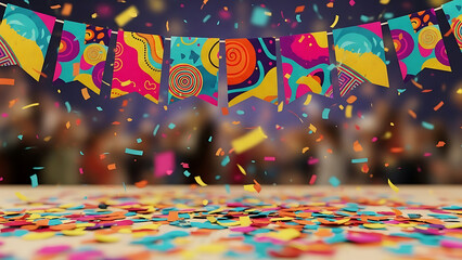 Colorful confetti and festive bunting flags create a vibrant atmosphere, perfect for celebrating special occasions and adding a touch of joy to any event