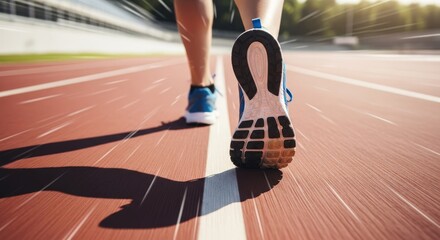 Close-up shot of a person's feet in running shoes on a red track, blurred motion.
