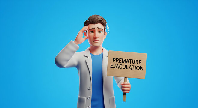 Concerned man holds sign about health issues, depicting challenges and anxieties surrounding premature ejaculation in a supportive and informative manner
